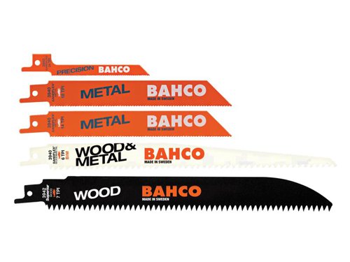 This 5 piece Bahco Sabre Saw Blade Set is perfect for all jobs in metal, nail-embedded wood or wood.Contains:1 x 3940-100-24-SC Sandflex® Bi-Metal Sabre Saw Blade for Precision Metal 100mm x 24 TPI1 x 3940-150-18-ST Sandflex® Bi-Metal Sabre Saw Blade for Metal 150mm x 18 TPI1 x 3940-150-14-ST Sandflex® Bi-Metal Sabre Saw Blade for Metal 150mm x 14 TPI1 x 3940-228-6-SL Sandflex® Bi-Metal Sabre Saw Blade for Wood and Metal 228mm x 6 TPI1 x 3942-228-7-HSL HCS Sabre Saw Blade for Wood 228mm x 7 TPI