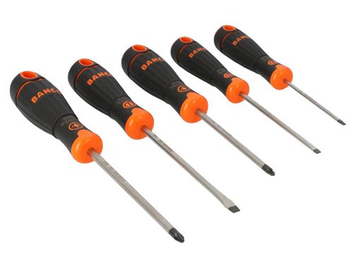 Bahco BAHCOFIT Screwdrivers have 2-component handles with vertical grooves for comfortable grip and maximum force transmission. Their blades are made from high performance alloy steel which is chrome plated and entirely hardened. The black finish tip provides higher accuracy. Each screwdriver has its part number and tip size laser printed for easier identification.This set of 5 contains:3 x Slotted Screwdrivers: 3.0 x 75mm, 4.0 x 100mm and 5.5 x 125mm2 x Pozidriv Screwdrivers: PZ1 x 100mm and PZ2 x 125mm