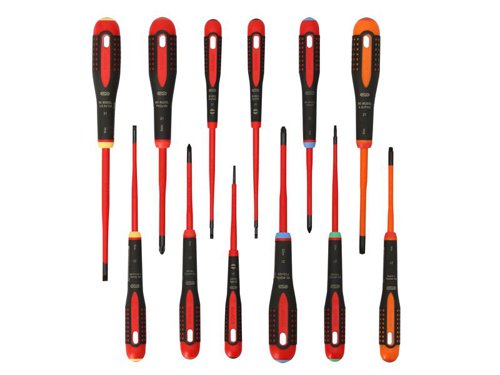 The Bahco BE-9878SL ERGO™ VDE Insulated, 12 Piece, Screwdrivers are suitable for work on live equipment, up to 1,000 Volts, high quality blade insulation moulded directly onto the blade. The high-performance alloy steel blade has been chrome plated and entirely hardened for high protection against corrosion, a long life tool. A black oxide tip provides higher accuracy.Developed according to the scientific ERGO™ process. A three-component handle provides maximum user comfort. The soft material with ridged surface provides superior grip and greater force transmission. A flat face prevents the screwdriver from rolling away. Its easy to choose the right tip, thanks to the colour-coded handle* and permanent symbol on the domed end.Each screwdriver is individually inspected and manufactured according to IEC 60900, tested in a water bath at 10,000V.This set of 12 contains:5 x Slotted Slim Screwdrivers: 2.5 x 75mm, 3.0 x 75mm, 3.5 x 100mm, 4.0 x 100mm and 5.5 x 125mm.2 x Phillips Slim Screwdrivers: PH1 x 80mm and PH2 x 100mm.2 x Pozidriv Slim Screwdrivers: PZ1 x 80mm and PZ2 x 100mm.1 x TORX Slim Screwdriver: T10 x 100mm.2 x Plus-Minus Slim Screwdrivers: 5.0/PH1 x 80mm and 6.0/PH2 x 100mm.
