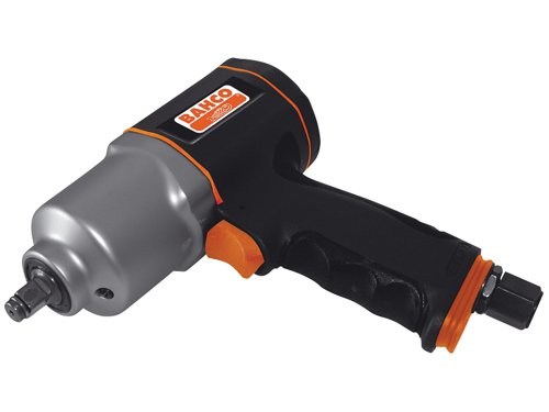 The Bahco Impact Wrench has a durable insulated composite housing with a twin hammer mechanism and a three-step power regulator. Its 360º swivel connection helps avoid hose coiling. Supplied in a robust plastic case with a foam inlay that fits into the Bahco T-module system T12.Contains:1 x BP815 1/2in Impact Wrench1 x 1/4in Threaded Male Connector11 x Impact Sockets: 10, 11, 12, 13, 14, 15, 17, 19, 21, 22, and 24mmSpecificationAir Inlet BSP: 1/4in.Square Drive: 1/2 Inch.Minimum Hose Diameter: 10mm.Working pressure: 6.3bar.No Load Speed: 7,000/min..Impacts Per Minute: 1,150/bpm.Torque Range: 320-620Nm.Max. Torque (Reverse): 825Nm.Air Consumption: 130 l/min.Vibration Level: 5 mm/s-².Hose Length: 10m.Length: 192mm.Weight: 1.95kg.