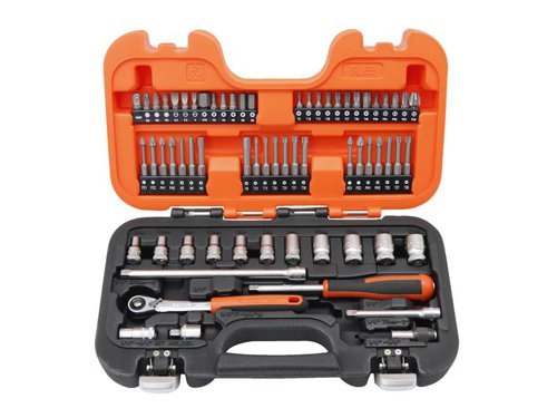This Bahco SL65 1/4in Drive Slim Socket Set is supplied in an oil and temperature resistant polypropylene case. Contains the following:11 x 1/4in Hex Sockets: 4, 4.5, 5, 5.5, 6, 7, 8, 10, 11, 12 & 13mm1 x 1/4in Drive Slim Head Ratchet Handle2 x 1/4in Extension Bars: 75mm & 150mm1 x 1/4in Spinner Handle: 150mm1 x 1/4in Drive x 1/4in Hex Coupler1 x 1/4in Drive Magnetic Quick Extension Bar1 x 1/4in x 3/8in 3-Way Adaptor1 x 1/4in Hex Bit Adaptor3 x 25mm Slotted Bits: 4, 5.5 & 7mm3 x 25mm Pozidriv Bits: PZ1, PZ2 & PZ35 x 25mm Phillips Bits: PH0, PH1, PH2, PH3, PH48 x 25mm TORX Bits: TX8, TX10, TX15, TX20, TX25, TX27, TX30 & TX406 x 25mm Hex Bits: 3, 4, 5, 6, 8 & 10mm4 x 50mm Pozidriv Bits: PZ1(2) & PZ2(2)4 x 50mm Phillips Bits: PH1(2) & PH2(2)9 x 50mm TORX Bits: TX10, TX15, TX20, TX25(2), TX27(2) & TX30(2)4 x 50mm Hex Bits: 3, 4, 5 & 6mm