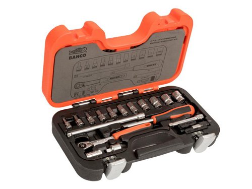 This Bahco SL65 1/4in Drive Slim Socket Set is supplied in an oil and temperature resistant polypropylene case. Contains the following:11 x 1/4in Hex Sockets: 4, 4.5, 5, 5.5, 6, 7, 8, 10, 11, 12 & 13mm1 x 1/4in Drive Slim Head Ratchet Handle2 x 1/4in Extension Bars: 75mm & 150mm1 x 1/4in Spinner Handle: 150mm1 x 1/4in Drive x 1/4in Hex Coupler1 x 1/4in Drive Magnetic Quick Extension Bar1 x 1/4in x 3/8in 3-Way Adaptor1 x 1/4in Hex Bit Adaptor3 x 25mm Slotted Bits: 4, 5.5 & 7mm3 x 25mm Pozidriv Bits: PZ1, PZ2 & PZ35 x 25mm Phillips Bits: PH0, PH1, PH2, PH3, PH48 x 25mm TORX Bits: TX8, TX10, TX15, TX20, TX25, TX27, TX30 & TX406 x 25mm Hex Bits: 3, 4, 5, 6, 8 & 10mm4 x 50mm Pozidriv Bits: PZ1(2) & PZ2(2)4 x 50mm Phillips Bits: PH1(2) & PH2(2)9 x 50mm TORX Bits: TX10, TX15, TX20, TX25(2), TX27(2) & TX30(2)4 x 50mm Hex Bits: 3, 4, 5 & 6mm