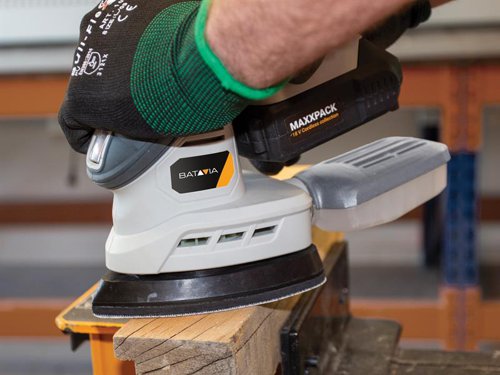 The Batavia MAXXPACK Delta Sander has a compact, lightweight design making it easy to manoeuvre. Ideal for sanding hard-to-reach places. It fits comfortably in your hand, reducing fatigue over longer working periods. Supplied with a dust collection tray, keeping your work area free from dust and debris. Quick and easy sheet change thanks to the hook & loop system.Part of the MAXXPACK collection: one universal battery and charger for all your tools.Comes as a Bare Unit, No Battery or Charger.Specification:No Load Speed: 12,000/min.Sanding Surface: 140 x 140 x 80mmSound Pressure Level LpA: 70 dB(A)Weight: 0.8kg (without battery)