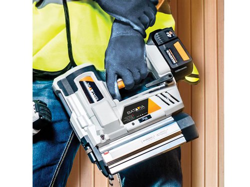 The Batavia MAXXPACK Stapler-Nailer has a compact, lightweight design with an easy release magazine, that makes the tool easy and comfortable to use. There is also a nail viewer window. The depth of drive can be easily adjusted using the handy wheel depth adjuster. Fitted with a safety mechanism that prevents accidental firing.Comes as a Bare Unit, No Battery or Charger.Specification:Magazine Capacity: 100 Nails/Staples.Max. Length of Nails: 20 - 50mm, 18 gauge Brad Nail.Max. Length of Staples: 19 - 40mm, 18 gauge Light-Duty Staples.Firing Speed: 60 Nails/Staples per min.Weighted sound pressure level LpA: 79.9 dB(A).