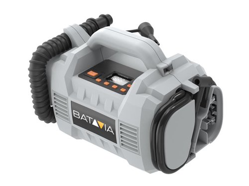 The Batavia MAXXPACK Air Compressor is compact and powerful. With 2 functions: Low-pressure for inflating/deflating mattresses and other inflatable articles, and High-pressure for easily inflating car tyres, bicycle tyres and other inflatable articles. The digital display provides easy manual operation and there are 4 pre-programmed adjustable pressure steps for ease of use. There is also an auto-off function.Supplied with: 1 x Ball Adaptor, 1 x Airbed Adaptor and 1 x Tyre Valve AdaptorBare Unit, No Battery or Charger.Specification:Max. Pressure: 159 psi / 10 bar.Airflow: 10.6 L/min..High Pressure Hose Length: 29cm.Low Pressure Hose Length: 67cm.Dimensions: (LxWxH): 24.5 x 15.1 x 18.4cm.Sound pressure level LpA: 77 dB(A).No load speed: 16000 min.Weight: 1.6kg.
