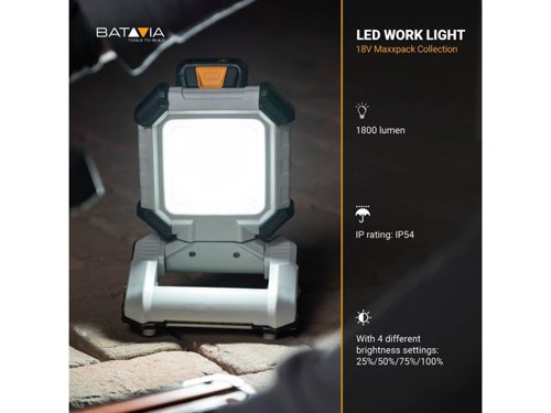 The Batavia MAXXPACK LED Work Light enables work in a variety of environments. Whether you need a light in your house, workshop, garden, garage, or anywhere else, this 18V work light is all you need. It has 4 different brightness settings, which can be adjusted to your preferences. You can use this light on 25%, 50%, 75%, or 100%.The head can be rotated horizontally and vertically, so you can direct the light exactly where its needed. There is also a clamp, so the light can be attached to surface, this also prevent the light from moving or falling. Part of the Maxxpack collection. Within the Maxxpack collection, you can use more than 50 different power tools, with only one battery and charger.Comes as a Bare Unit, No Battery or Charger.Specifications:Bulb: LED.Power: 15W.Luminance Adjustment: 4 settings: 25%/50%/75%/100%.IP Rating: IP54.Dimensions: 15 x 23.1 x 18.4cm.Weight: 1.1kg.