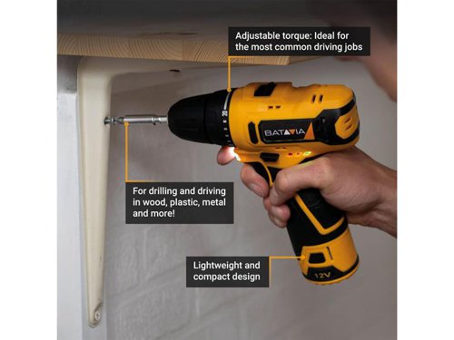 The Batavia FIXXPACK Drill Driver is the perfect tool for drilling and driving in different materials. With two gears setting for drilling and the torque setting for driving, this tool suits the most common drilling and driving jobs. Its lightweight, compact design incorporates a comfortable soft grip handle.. There is also a LED work light, so you can always see where you are drilling or driving and get the perfect result.Part of the Fixxpack collection. Within the Fixxpack collection you can use different power tools, with only one battery and charger.Comes as a Bare Unit, NO battery or charger supplied.Specifications:Chuck: 10mm Keyless.No Load Speed: 0-400/0-1,300/min.Torque Settings: 20 + 1.Max. Torque: 28Nm.Capacity: Metal 8mm, Wood 25mm.Weight: 0.77kg.