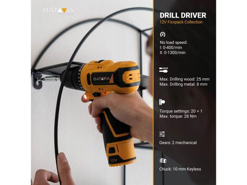 The Batavia FIXXPACK Drill Driver is the perfect tool for drilling and driving in different materials. With two gears setting for drilling and the torque setting for driving, this tool suits the most common drilling and driving jobs. Its lightweight, compact design incorporates a comfortable soft grip handle.. There is also a LED work light, so you can always see where you are drilling or driving and get the perfect result.Part of the Fixxpack collection. Within the Fixxpack collection you can use different power tools, with only one battery and charger.Comes as a Bare Unit, NO battery or charger supplied.Specifications:Chuck: 10mm Keyless.No Load Speed: 0-400/0-1,300/min.Torque Settings: 20 + 1.Max. Torque: 28Nm.Capacity: Metal 8mm, Wood 25mm.Weight: 0.77kg.