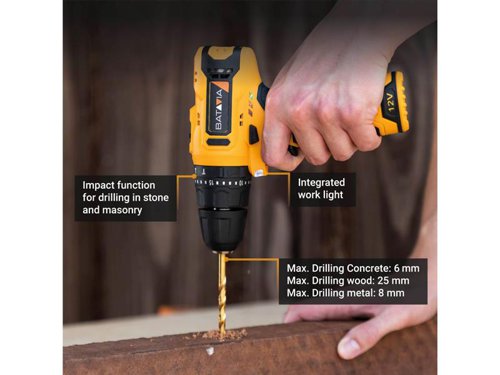 The Batavia FIXXPACK Combi Drill has three different functions: drilling, driving, and impact drilling. When you use the driving function, you can adjust the torque to suit your job perfectly. When you use this tool for drilling and impact drilling, you can change the speed, thanks to the two gears. The impact drill function is ideal for drilling in stone and masonry.Its compact, lightweight design makes it ideal for a wide variety of jobs. Even when you have to work in tight spaces or above your head. There is also a LED work light, so you can always see where you are drilling or driving and get the perfect result.Part of the Fixxpack collection. Within the Fixxpack collection you can use different power tools, with only one battery and charger.Comes as a Bare Unit, NO battery or charger supplied.Specifications:Chuck: 10mm Keyless.No Load Speed: 0-400/0-1,300/min.Impact Rate: 0-6,000/0-19,500/bpm.Torque Settings: 21 + Drill + Impact Drill.Max. Torque: 28Nm.Capacity: Metal 8mm, Wood 25mm, Concrete 6mm.Weight: 0.84kg.