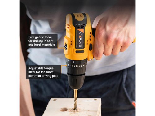 The Batavia FIXXPACK Combi Drill has three different functions: drilling, driving, and impact drilling. When you use the driving function, you can adjust the torque to suit your job perfectly. When you use this tool for drilling and impact drilling, you can change the speed, thanks to the two gears. The impact drill function is ideal for drilling in stone and masonry.Its compact, lightweight design makes it ideal for a wide variety of jobs. Even when you have to work in tight spaces or above your head. There is also a LED work light, so you can always see where you are drilling or driving and get the perfect result.Part of the Fixxpack collection. Within the Fixxpack collection you can use different power tools, with only one battery and charger.Comes as a Bare Unit, NO battery or charger supplied.Specifications:Chuck: 10mm Keyless.No Load Speed: 0-400/0-1,300/min.Impact Rate: 0-6,000/0-19,500/bpm.Torque Settings: 21 + Drill + Impact Drill.Max. Torque: 28Nm.Capacity: Metal 8mm, Wood 25mm, Concrete 6mm.Weight: 0.84kg.