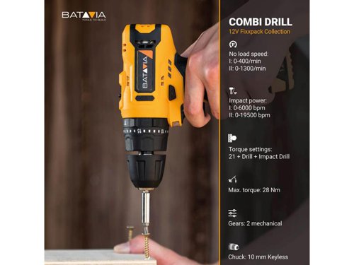 The Batavia FIXXPACK Combi Drill has three different functions: drilling, driving, and impact drilling. When you use the driving function, you can adjust the torque to suit your job perfectly. When you use this tool for drilling and impact drilling, you can change the speed, thanks to the two gears. The impact drill function is ideal for drilling in stone and masonry.Its compact, lightweight design makes it ideal for a wide variety of jobs. Even when you have to work in tight spaces or above your head. There is also a LED work light, so you can always see where you are drilling or driving and get the perfect result.Part of the Fixxpack collection. Within the Fixxpack collection you can use different power tools, with only one battery and charger.Comes as a Bare Unit, NO battery or charger supplied.Specifications:Chuck: 10mm Keyless.No Load Speed: 0-400/0-1,300/min.Impact Rate: 0-6,000/0-19,500/bpm.Torque Settings: 21 + Drill + Impact Drill.Max. Torque: 28Nm.Capacity: Metal 8mm, Wood 25mm, Concrete 6mm.Weight: 0.84kg.