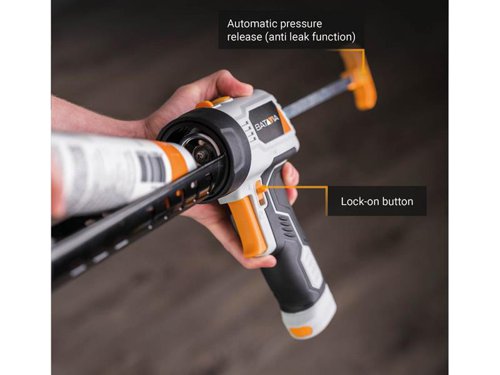 The Batavia MAXXPUSH Caulking Gun is the perfect caulking gun for every do-it-yourselfer, who occasionally uses a caulking gun. This battery powered caulking gun only weighs 0.9 kilograms and works on 4 AA batteries (NOT supplied). Continuous high discharge pressure and automatic pressure release (anti-leak function) ensure smooth application.The built-in LED light provides a clear line of sight, even in the darkest corners and the most dimly lit environments. Suitable for all common adhesives and sealants. Compatible with all standard tubes 290-310ml.Specifications:Extrusion Speed: Max. 70mm/min.Extrusion Pressure: 150kgs.Cartridge Size: Max. 300ml.Weight: 0.9kg.