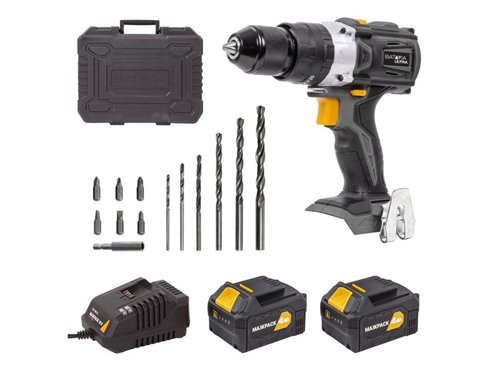 The Batavia MAXXPACK ULTRA Brushless Combi Drill is the perfect tool for all your drilling and driving projects. Whether you are looking for a powerful combi drill for your home renovation or a tool for your professional projects.Thanks to the impact function, this tool can even be used for drilling in stone and masonry.Equipped with a brushless motor, which results in a longer run time, more power and a longer lifetime, compared to a 'normal' Combi Drill. It also features an electronic speed control, to deliver the power you need for tough projects and ultimate control for the more delicate surfaces. MAXXPACK ULTRA has been specially designed for tough applications. Tested and approved for and by the professional, with a two-year warranty.Specifications:Chuck: 2-13mm.No Load Speed: 0-500/0-1,800/min.Impact Rate: 0-28,800/bpm.Max. Torque: 60Nm.Weight: 1.28kg.This Batavia MAXXPACK ULTRA Brushless Combi Drill is supplied with:2 x 18V 4.0Ah MAXXPACK Li-ion Batteries.1 x MAXXPACK Li-ion Charger.6 x Drill Bits.6 x Screw Bits.1 x Bit Holder.1 x Carry Case.