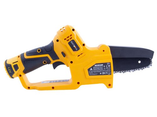 The Batavia FIXXPACK Chainsaw has a compact design to easily cuts branches, even when operated with only one hand. An ideal tool for pruning and the perfect tool for garden enthusiasts. It is very easy to maintain and replace the chain.  A chain and handgrip cover ensure the safety while operating the chainsaw. It's also fitted with a low kickback chain.Part of the Fixxpack collection. Within the Fixxpack collection you can use different power tools, with only one battery and charger. Comes as a Bare Unit, NO battery or charger supplied.Specifications:No Load Speed: 4,000/min.Chain Speed: 5.08m/s.Sword Length: Total 154mm, Effective 118mm.Max. Cutting Depth: 118mm.Weight: 0.97kg.