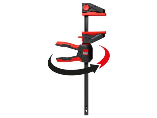 The Bessey EZ360 One-Handed 360° Clamp is extremely versatile. Its innovative 360° turning mechanism allows you to adjust the handle position to the clamping task at hand. A 12-step latching mechanism securely holds the selected handle position. The large clamping surface helps to distribute the clamping force of up to 1,400N. They also feature removable protective caps which help to protect the work piece surface. It can be repositioned for spreading, without additional tools, thanks to a simple release mechanism via push-button on the top part.1 x Bessey EZ360 One-Handed 360° Clamp 150mm.