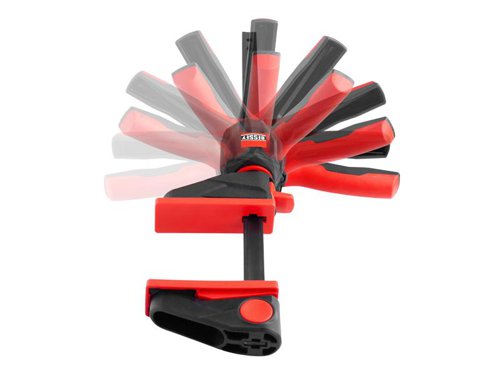 The Bessey EZ360 One-Handed 360° Clamp is extremely versatile. Its innovative 360° turning mechanism allows you to adjust the handle position to the clamping task at hand. A 12-step latching mechanism securely holds the selected handle position. The large clamping surface helps to distribute the clamping force of up to 1,400N. They also feature removable protective caps which help to protect the work piece surface. It can be repositioned for spreading, without additional tools, thanks to a simple release mechanism via push-button on the top part.1 x Bessey EZ360 One-Handed 360° Clamp 150mm.