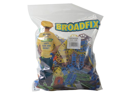 The Broadfix U-Shims have been manufactured with a high percentage of post-industrial and post-consumer recycled material. As they are made from plastic they will not swell, shrink or rot and they are completely waterproof.Capable of withstanding higher compressive loads than traditional timber flat packers. This also makes them more economical. They are colour coded depending on size, for easy identification.The ever popular U-Shim is perfect for shimming behind a screw or fixing – loosely install the fixing, and then simply slide the required number of U-Shims over the fixing. The unique comb/clip prevents the U-Shims from falling out, which leaves both hands free to tighten up the fixing.Broadfix U-Shims Mixed Bag contains the following:140 x Small U-Shims 55 x 43mm60 x Standard U-Shims 101 x 143mmVarious thicknesses: 1, 3, 5, 6 and 10mm - colour coded