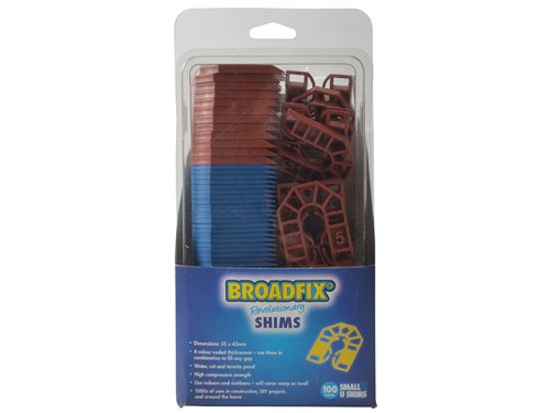 The Broadfix U-Shims have been manufactured with a high percentage of post-industrial and post-consumer recycled material. As they are made from plastic they will not swell, shrink or rot and they are completely waterproof.Capable of withstanding higher compressive loads than traditional timber flat packers. This also makes them more economical. They are colour coded depending on size, for easy identification.The ever popular U-Shim is perfect for shimming behind a screw or fixing – loosely install the fixing, and then simply slide the required number of U-Shims over the fixing. The unique comb/clip prevents the U-Shims from falling out, which leaves both hands free to tighten up the fixing.The Broadfix Small U-Shims come in a mix of thicknesses and are supplied in a handy clam shell pack for easy storage. Has the following specification:Size: 55 x 43mm.Thickness: 1, 3, 5 and 6mm - colour codedNumber of Pieces: 100.