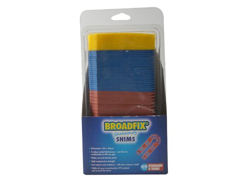 The Broadfix U-Shims have been manufactured with a high percentage of post-industrial and post-consumer recycled material. As they are made from plastic they will not swell, shrink or rot and they are completely waterproof.Capable of withstanding higher compressive loads than traditional timber flat packers. This also makes them more economical. They are colour coded depending on size, for easy identification.The ever popular U-Shim is perfect for shimming behind a screw or fixing – loosely install the fixing, and then simply slide the required number of U-Shims over the fixing. The unique comb/clip prevents the U-Shims from falling out, which leaves both hands free to tighten up the fixing.The Broadfix Standard U-Shims come in a mix of thicknesses and are supplied in a handy clam shell pack for easy storage. Has the following specification:Size: 101 x 43mm.Thickness: 1, 3, 5 and 6mm - colour codedNumber of Pieces: 60.
