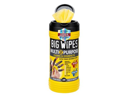 Big Wipes Multi-Purpose Pro+ cleaning wipes are made from a three-layered, quilted, power-fabric making them super tough, tear resistant and lint free. These Multi-Purpose wipes are perfect for general lighter-duty cleaning of paint, oil, PU foam, silicone, grease, gap fill, adhesive and more from hands, tools and surfaces.Certified antiviral (EN14476) and antibacterial (EN1276). Big Wipes clean AND disinfect to protect you, your colleagues and your customers and keep your workspace and equipment sanitised.Dermatologically tested with FOUR skin conditioners to protect and nourish hands, ideal for tradespeople on the move. Free of artificial preservatives, parabens and sulphates - the formula is biodegradable too!Available in 80, 120 tubs and a 300 bucket.Big Wipes Multi-Purpose Pro+ Antiviral Wipes supplied in a tub of 80 with a convenient ‘Flip & Away Lid’ and a smart dispensing system.