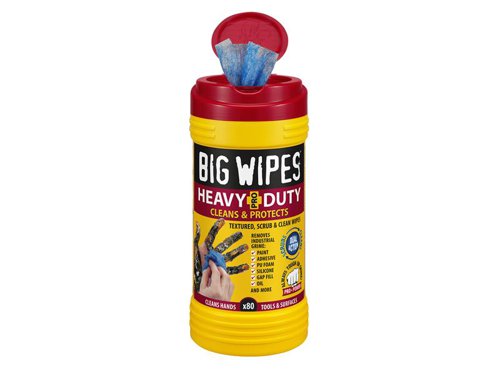 Big Wipes Heavy-Duty Pro+ have a high-performance, dual-sided, textured 'scrub & clean' fabric to quickly and effectively 'grab & remove' even the most stubborn muck and grime. These Heavy-Duty wipes don't mess around easily removing paint, oil, PU foam, silicone, grease, gap fill, adhesive and more from hands, tools & surfaces.Certified antiviral (EN14476) and antibacterial (EN1276). Big Wipes clean AND disinfect to protect you, your colleagues and your customers and keep your workspace and equipment sanitised.Dermatologically tested with FOUR skin conditioners to protect & nourish hands, ideal for tradespeople on the move. Free of artificial preservatives, parabens & sulphates - the formula is biodegradable too! Best used on hands to remove the toughest stains and most ingrained dirt.Big Wipes Heavy-Duty Pro+ Antiviral Wipes supplied in a tub of 80 with a convenient ‘Flip & Away Lid’ and a smart dispensing system.