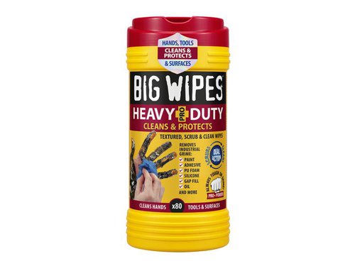 Big Wipes Heavy-Duty Pro+ have a high-performance, dual-sided, textured 'scrub & clean' fabric to quickly and effectively 'grab & remove' even the most stubborn muck and grime. These Heavy-Duty wipes don't mess around easily removing paint, oil, PU foam, silicone, grease, gap fill, adhesive and more from hands, tools & surfaces.Certified antiviral (EN14476) and antibacterial (EN1276). Big Wipes clean AND disinfect to protect you, your colleagues and your customers and keep your workspace and equipment sanitised.Dermatologically tested with FOUR skin conditioners to protect & nourish hands, ideal for tradespeople on the move. Free of artificial preservatives, parabens & sulphates - the formula is biodegradable too! Best used on hands to remove the toughest stains and most ingrained dirt.Big Wipes Heavy-Duty Pro+ Antiviral Wipes supplied in a tub of 80 with a convenient ‘Flip & Away Lid’ and a smart dispensing system.