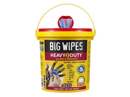 Big Wipes Heavy-Duty Pro+ have a high-performance, dual-sided, textured 'scrub & clean' fabric to quickly and effectively 'grab & remove' even the most stubborn muck and grime. These Heavy-Duty wipes don't mess around easily removing paint, oil, PU foam, silicone, grease, gap fill, adhesive and more from hands, tools & surfaces.Certified antiviral (EN14476) and antibacterial (EN1276). Big Wipes clean AND disinfect to protect you, your colleagues and your customers and keep your workspace and equipment sanitised.Dermatologically tested with FOUR skin conditioners to protect & nourish hands, ideal for tradespeople on the move. Free of artificial preservatives, parabens & sulphates - the formula is biodegradable too! Best used on hands to remove the toughest stains and most ingrained dirt.Big Wipes Heavy-Duty Pro+ Antiviral Wipes are supplied in a reusable bucket with 240 wipes. Suitable for heavy and frequent usage and ideal for vans, workshops, Engineering Contractors, Maintenance Departments etc.