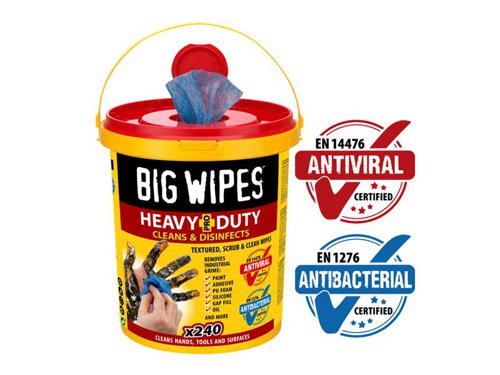 Big Wipes Heavy-Duty Pro+ have a high-performance, dual-sided, textured 'scrub & clean' fabric to quickly and effectively 'grab & remove' even the most stubborn muck and grime. These Heavy-Duty wipes don't mess around easily removing paint, oil, PU foam, silicone, grease, gap fill, adhesive and more from hands, tools & surfaces.Certified antiviral (EN14476) and antibacterial (EN1276). Big Wipes clean AND disinfect to protect you, your colleagues and your customers and keep your workspace and equipment sanitised.Dermatologically tested with FOUR skin conditioners to protect & nourish hands, ideal for tradespeople on the move. Free of artificial preservatives, parabens & sulphates - the formula is biodegradable too! Best used on hands to remove the toughest stains and most ingrained dirt.Big Wipes Heavy-Duty Pro+ Antiviral Wipes are supplied in a reusable bucket with 240 wipes. Suitable for heavy and frequent usage and ideal for vans, workshops, Engineering Contractors, Maintenance Departments etc.