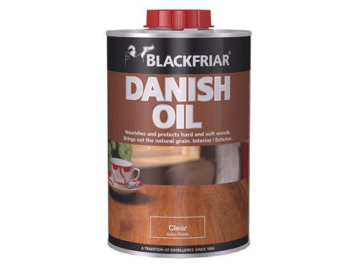 Blackfriar Danish Oil provides a beautiful, low lustre satin, scratch-proof finish. You can use it inside and outside the home and it’s ideal for most wooden surfaces including furniture, doors, panelling, wood decorations and woodturning.For interior and exterior use.Application Method: Brush or cloth.Coverage: 14m²/L/Coat.Touch Dry: 2-4 hours.Hard Dry: 3 days.Recoatable: 16 hours.Blackfriar Danish Oil ClearSize: 1 litre.