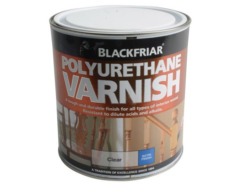 Blackfriars Polyurethane Varnish transforms interior woodwork and gives a tough and durable finish. It gives wooden surfaces new life and enhances the natural shades of wooden floors and furniture. Resistant to knocks, heat and diluted acids.Application Method: Brush and Roller.Coverage: 14m² per litre.Touch Dry: 2-4 hours.Hard Dry: 3 days.Recoatable: 16 hours.Blackfriars Polyurethane Varnish P100 Clear Satin 1 litre