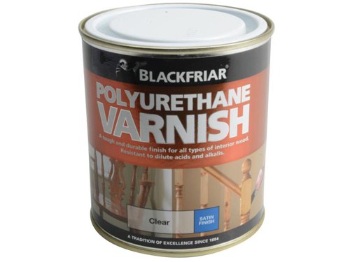 Blackfriars Polyurethane Varnish transforms interior woodwork and gives a tough and durable finish. It gives wooden surfaces new life and enhances the natural shades of wooden floors and furniture. Resistant to knocks, heat and diluted acids.Application Method: Brush and Roller.Coverage: 14m² per litre.Touch Dry: 2-4 hours.Hard Dry: 3 days.Recoatable: 16 hours.Blackfriar Polyurethane Varnish P100 Clear Satin 500ml