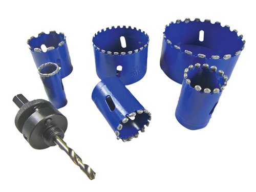 The Boa Professional Quality Kitchen & Bathroom Installer Diamond Holesaw Kit. Ideal for plumbers and electricians, these holesaws cut slate, cast iron, marble, brick, ceramics, MDF and fibreglass.The set includes: 6 x Holesaws 25mm, 32mm, 44mm, 51mm, 64mm, 76mm1 x ArborSupplied in a plastic storage/carry case.UK Manufactured product.