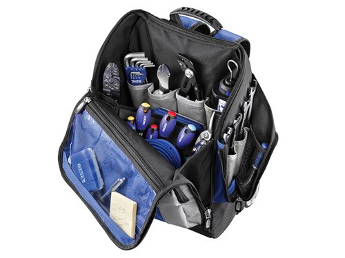 The Britool Expert Backpack features integrated wheels and a telescopic transport handle to provide two portable formats for your tools. Made with high strength 600 x 600 denier fabric with padded, adjustable shoulder straps. There are removable separators with pockets for tools inside and external front and side pockets.It also has a top handle and a soft feel bag cover which protects against rain. The padlock loops on the zip provide extra security when needed.