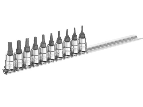The Britool BRIE030703B 10 piece 1/4 inch socket set includes the following TORX sockets:TX6, TX7, TX8, TX9, TX10, TX15, TX20, TX25, TX27 and TX30.The Britool BRIE030703B socket set is supplied complete with a metallic rack.