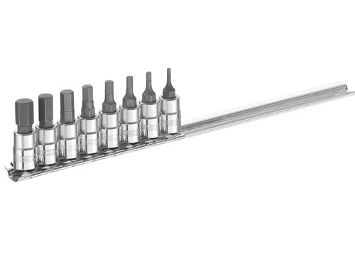 The Britool E030704B 8 piece hex bit 1/4 inch drive socket set includes the following sizes:2, 2.5, 3, 4, 5, 6, 7 and 8mm.Supplied complete with a metallic rack.Weight: 0.15kg.