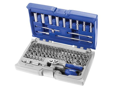 The Britool BRIE030707B 73 piece 1/4 inch socket and accessory set includes the following:13 x 1/4in Hex Sockets: 4, 4.5, 5, 5.5, 6, 7, 8, 9, 10, 11, 12, 13 & 14mm.9 x 1/4in Hex Long Deep Sockets: 5, 5.5, 6, 7, 8, 10, 11, 12 & 13mm.10 x 1/4in 12-Point Hex Sockets: 3/16, 7/32, 1/4, 9/32, 5/16, 11/32, 3/8, 7/16, 9/16 & 1/2 AF. 6 x 1/4in TORX Sockets: E4, E5, E6, E7, E8 & E10.3 x 1/4in Screwdriver Bits: 4, 5.5 & 7mm.3 x 1/4in Pozidriv Bits: PZ1, PZ2 & PZ3.3 x 1/4in Phillips Bits: PH1, PH2 & PH3.10 x 1/4in TORX Bits: T6, T7, T8, T9, T10, T15, T20, T25, T30 & T40.8 x 1/4in Hex Bits: 2, 2.5, 3, 4, 5, 6, 7 & 8mm.3 x 1/4in Extensions: 50, 100 & 150mm.1 x 1/4in Screwdriver Handle1 x 1/4in Universal Joint, 1 x 1/4in T-handle.1 x 1/4in Socket for 1/4in Hex Bits.1 x 1/4in Ratchet.Supplied in a socket set case with metal clasps and also converts into a modular storage system for use in roller cabinets.