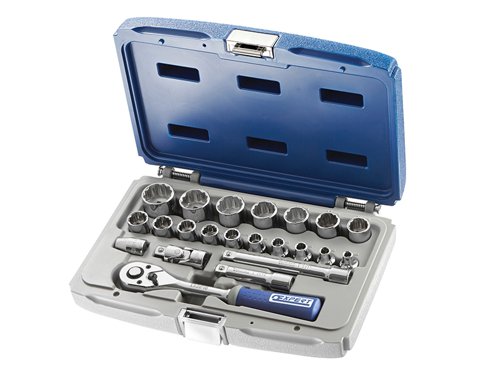 The Britool 3/8in Drive 22 piece metric bi-hex socket set is supplied in a case which also converts into a modular storage system for use in roller cabinets. Consisting of:17 x 3/8in Bi-Hex Sockets: 6, 7, 8, 9, 10, 11, 12, 13, 14, 15, 16, 17, 18, 19, 21, 22 & 24mm.2 x 3/8in Extensions: 75 & 125mm .1 x 3/8in Bit Holder 1/4in.1 x 3/8in Universal Joint.1 x 3/8in Reversible Ratchet.