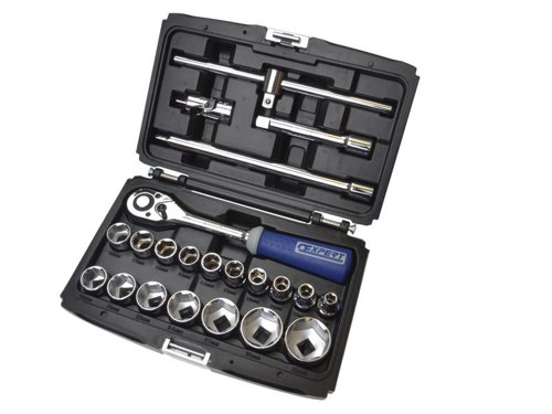The Britool 1/2in Drive 22 piece metric socket set consisting of:17 x 1/2in Hex Sockets: 8, 10, 11, 12, 13, 14, 15, 16, 17, 18, 19, 21, 22, 24, 27, 30 & 32mm.1 x 1/2in Reversible Ratchet.1 x 1/2in T-Handle.2 x 1/2in Extensions: 130 & 250mm.1 x 1/2in Universal Joint.The Britool BRIE032900B set is supplied in a socket set case with metal clasps which also converts into a modular storage system for use in roller cabinets.