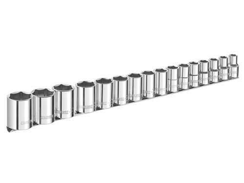The Britool 1/2in Drive 16 piece metric socket set consisting of:16 x 1/2in Hex Sockets: 10, 11, 12, 13, 14, 15, 16, 17, 18, 19, 21, 22, 24, 27, 30 & 32mm. The sockets are supplied on a metalic rack.Weight: 1.7kg