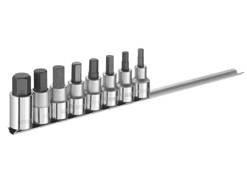 The Britool 1/2in Drive 8 piece Hex bit set consisting of:8 x 1/2in Hex Bits: 6, 7, 8, 9, 10, 12, 14 & 17mm.Supplied on a metalic rack.Weight: 0.75kg