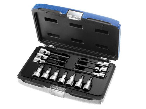 The Britool 1/2in Drive 13 piece metric Hex bit set, supplied in a case with metal clasps, which also converts into a modular storage system for use in roller cabinets. Consisting of:7 x 1/2in Drive Hex Bits: 4, 5, 6, 8, 9, 10 & 12mm.6 x 1/2in Drive Hex Long Bits: 4, 5, 6, 8, 10 & 12mm.