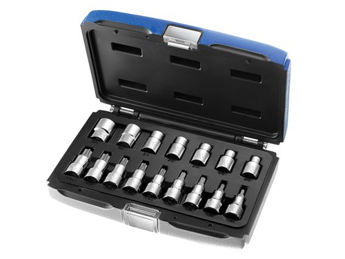 The Britool 1/2in Drive 16 piece TORX bit set is supplied in a case with metal clasps which also converts into a modular storage system for use in roller cabinets. Consisting of:9 x 1/2in TORX Bits: T20, T25, T27, T30, T40, T45, T50, T55 & T60.7 x 1/2in TORX Sockets: E10, E12, E14, E16, E18, E20 & E24.