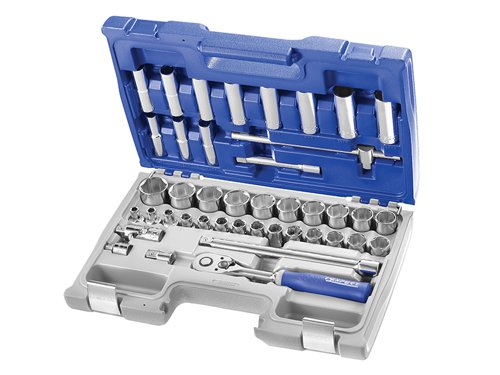 The Britool 1/2in Drive 42 piece metric socket set is supplied in a socket set case with metal clasps which also converts into a modular storage system for use in roller cabinets. Consisting of:24 x 1/2in Hex Sockets: 8, 9, 10, 11, 12, 13, 14, 15, 16, 17, 18, 19, 20, 21, 22, 23, 24, 25, 26, 27, 28, 29, 30 and 32mm.11 x 1/2in Hex Long Deep Sockets: 12, 13, 14, 15, 16, 17, 18, 19, 21, 22 and 24mm.2 x 1/2in Extensions 130mm and 50mm1 x 1/2in T-Handle,1 x 1/2in Universal Joint.1 x 1/2in Coupler 3/8in, 1 x 3/8in Adaptor 1/2in.1 x 1/2in Reversible Ratchet.