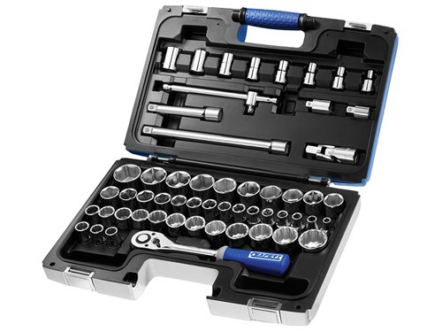 The Britool 1/2in Drive 55 piece metric and AF socket set is supplied in a case with metal clasps which also converts into a modular storage system for use in roller cabinets. Consisting of:25 x 1/2in Hex Sockets: 8, 9, 10, 11, 12, 13, 14, 15, 16, 17, 18, 19, 20, 21, 22, 23, 24, 25, 26, 27, 28, 29, 30, 32 & 34mm.15 x 1/2in Bi-Hex Sockets: 3/8, 7/16, 1/2, 9/16, 5/8, 11/16, 3/4, 13/16, 7/8, 15/16, 1, 1.1/16, 1.1/8, 1.3/16 & 1.1/4 AF.8 x 1/2in TORX Sockets: E10, E11, E12, E14, E16, E18, E20 & E24.1 x 1/2in Reversible Ratchet.2 x 1/2in Extensions: 130mm & 250mm.1 x 1/2in T-Handle, 1 x 1/2in Universal joint.1 x 1/2in to 3/8in Coupler, 1 x 3/8in to 1/2in Coupler.