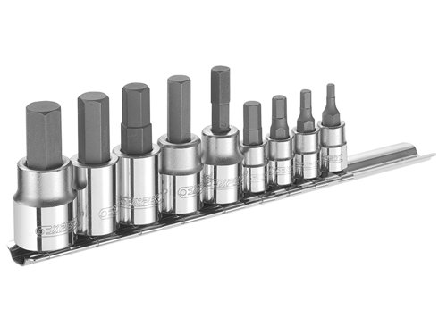 This Britool 1/4 & 3/8in Drive 9 piece metric Hex bit set consists of:4 x 1/4in Hex Bits: 3, 4, 5 & 6mm.5 x 3/8in Hex Bits: 7, 8, 9, 10 & 12mm.Supplied on a metallic rack.Weight: 300g