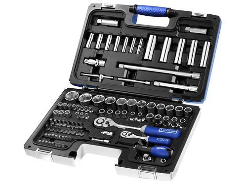 The Expert by Facom 1/4 and 1/2in Drive 98 piece metric socket set is supplied in a handy carry case with metal clasps which also converts into a modular storage system for use in roller cabinets. Consisting of:11 x 1/4in Hex 6-Point Sockets: 4, 5, 5.5, 6, 7, 8, 9, 10, 11, 12, 13mm7 x 1/4in Hex 6-Point Long Reach Sockets: 6, 8, 10, 11, 12, 13, 14mm3 x 1/4in TORX Sockets: E6, E8, E1017 x 1/4in Bit Sockets: 2 x Slotted: 4, 7mm, 2 x Pozidriv: PZ1, PZ2, 2 x Phillips: PH1, PH2, 4 x Hex: 3, 4, 5, 6mm, 7 x TORX: T8, T10, T15, T20, T25, T27, T3017 x 1/2in Hex Sockets: 10, 11, 12, 13, 14, 15, 16, 17, 18, 19, 20, 21, 22, 24, 27, 30, 32mm5 x 1/2in Hex Long Reach Sockets: 14, 15, 17, 19, 22mm6 x 1/2in TORX Bit Sockets: E12, E14, E16, E18, E20, E242 x 1/2in Spark Plug Sockets: 16, 21mm18 x 5/16in Bits: 4 x XZN : M6, M8, M10, M12, 2 x Slotted: 8, 12mm, 2 x Phillips: PH3, PH4, 2 x Pozidriv: PZ3, PZ4, 4 x Hex: 8, 10, 12, 14mm, 4 x TORX: T40, T45, T50, T551 x 1/4in T-Handle1 x 1/4in Spinner Handle1 x 3/8-1/2in Adaptor1 x 1/2-5/16in Adaptor1 x 1/4in Reversible Ratchet1 x 1/4in Universal Joint2 x 1/4 Extensions: 55, 100mm1 x 1/2in Reversible Ratchet1 x 1/2in Universal Joint2 x 1/2in Extensions: 130, 250mm