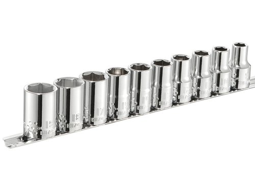 This Britool Socket Set comprises 10 metric sockets, supplied on a rail. The sockets are made if chrome vanadium steel and have a high chrome finish. They have OGV® profiles, meaning that tightening torque is applied to the sides rather than to the angles of the nut.ISO 2725-1, DIN 3124, ISO1174-1, ISO 1711-1 and ISO 691.The set includes the following sizes:9, 10, 11, 12, 13, 14, 15, 17, 18 and 19mm.