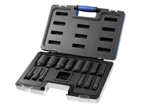 The Britool 1/2in Drive 14 piece metric impact socket set is supplied in a case with metal clasps which also converts into a modular storage system for use in roller cabinets:14 x 1/2in Deep Impact Sockets: 10, 11, 12, 13, 14, 16, 17, 19, 21, 22, 24, 27, 30 & 32mm.2 x Snap Rings.2 x Safety Pins.