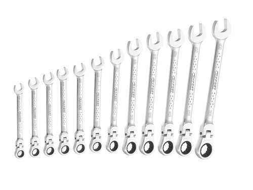 Britool 12 piece ratchet combination spanner set.The spanners have a 12-point OGV® ratcheting ring end which is flexible through 180°, and provides 5° increments. The OGV® profile maximises the contact space with the nut for a longer lifetime. The direction is switched by turning the wrench.The open end of each spanner is angled at 15° from the handle axis (increment angle 30°). They are made from Chrome Vanadium steel with a high chrome finish.ISO 691 - ISO 1711-1.Contents: 8, 9, 10, 11, 12, 13, 14, 15, 16, 17, 18 and 19mm.Weight: 1.62kg