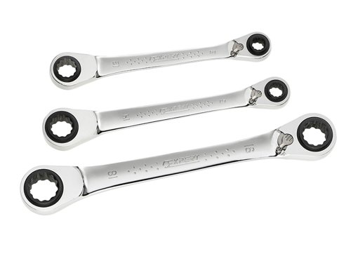 This Britool 3 Piece Quadbox Wrench set contains the following Quadbox wrenches:1 x E110943B: 8-10 x 12-13mm.1 x E110944B: 9-11 x 14-15mm.1 x E111945B: 16-17 x 18-19mm.The wrenches are double ring, with a chrome finish. A switch to change ratcheting direction feature is built into the handle to prevent accidental change.Conform to ISO 1711-1 and ASME B107.66.
